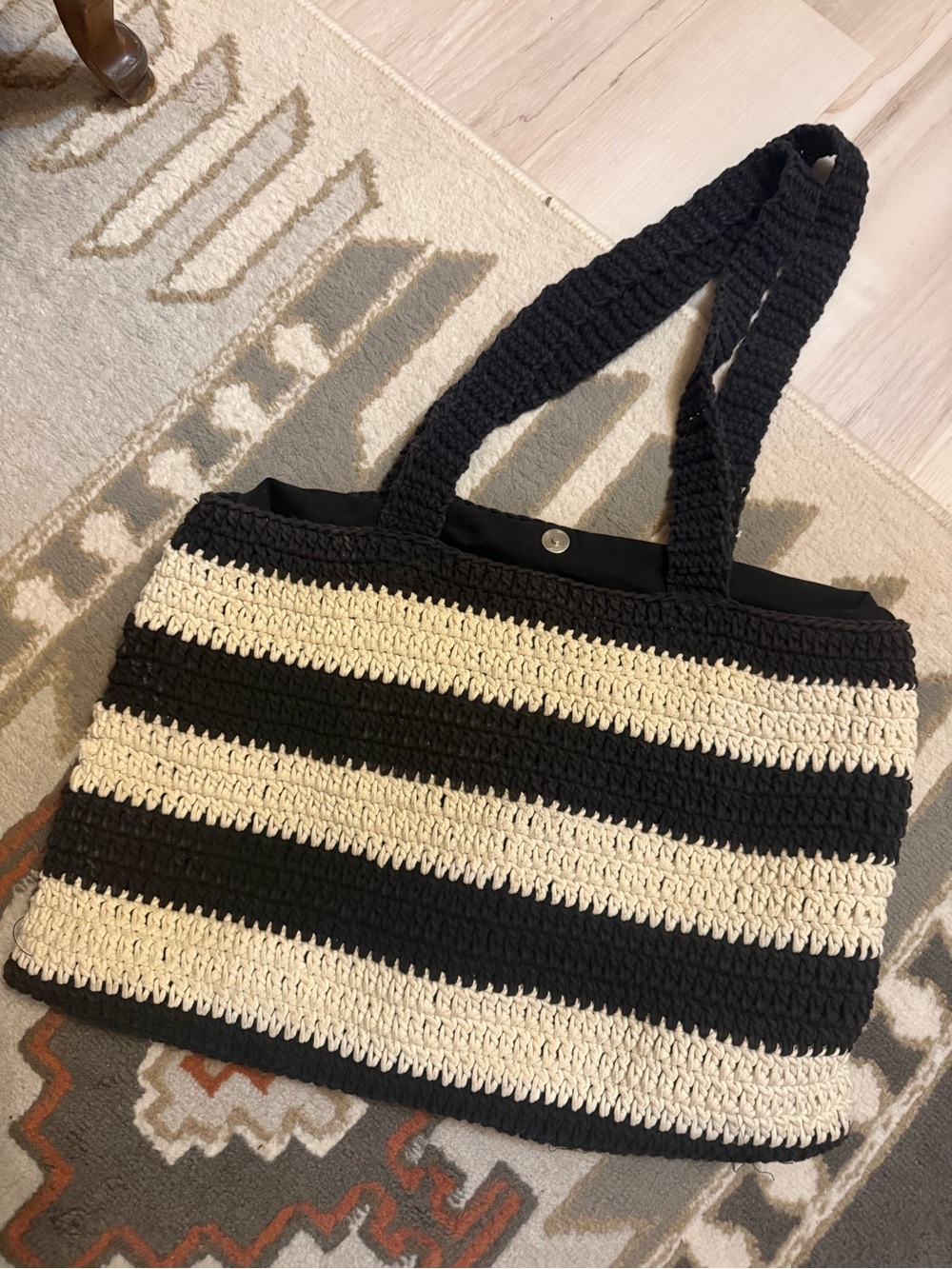 a new day Black and Cream Striped Crochet Tote